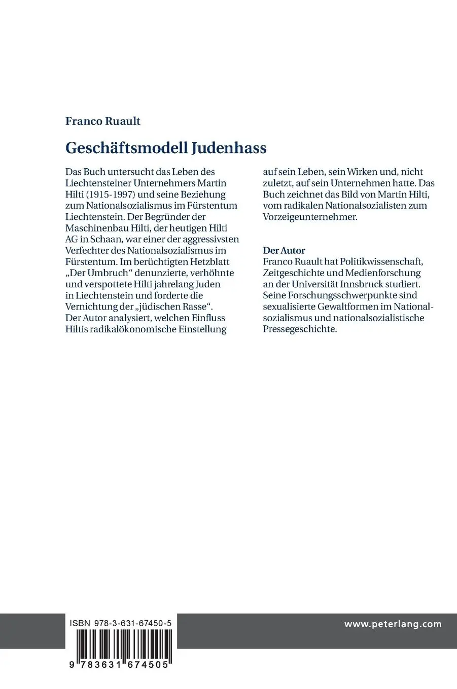 Rückseite: 9783631674505 | Geschäftsmodell Judenhass | Franco Ruault | Buch | 210 S. | Deutsch