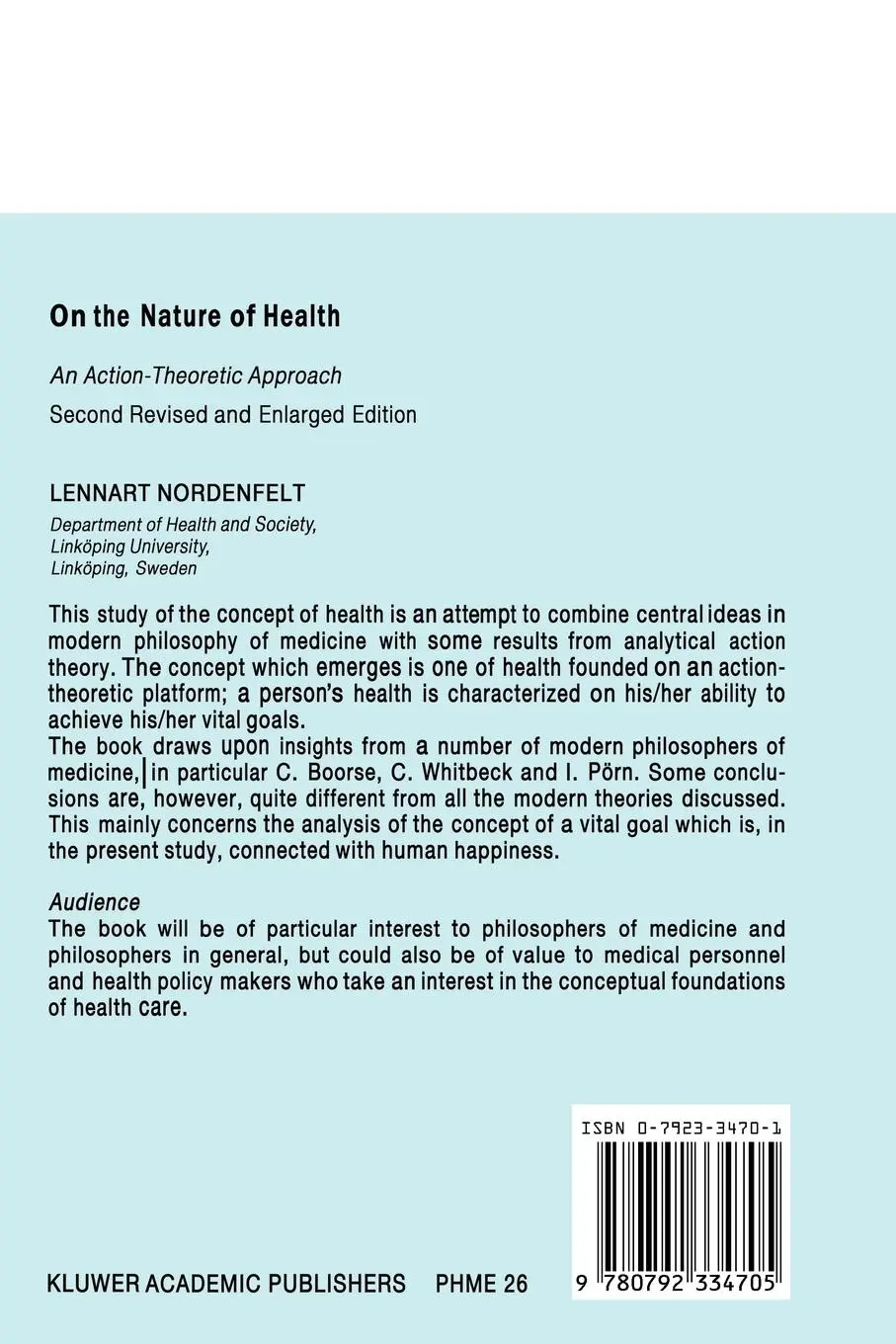 Rückseite: 9780792334705 | On the Nature of Health | An Action-Theoretic Approach | Nordenfelt