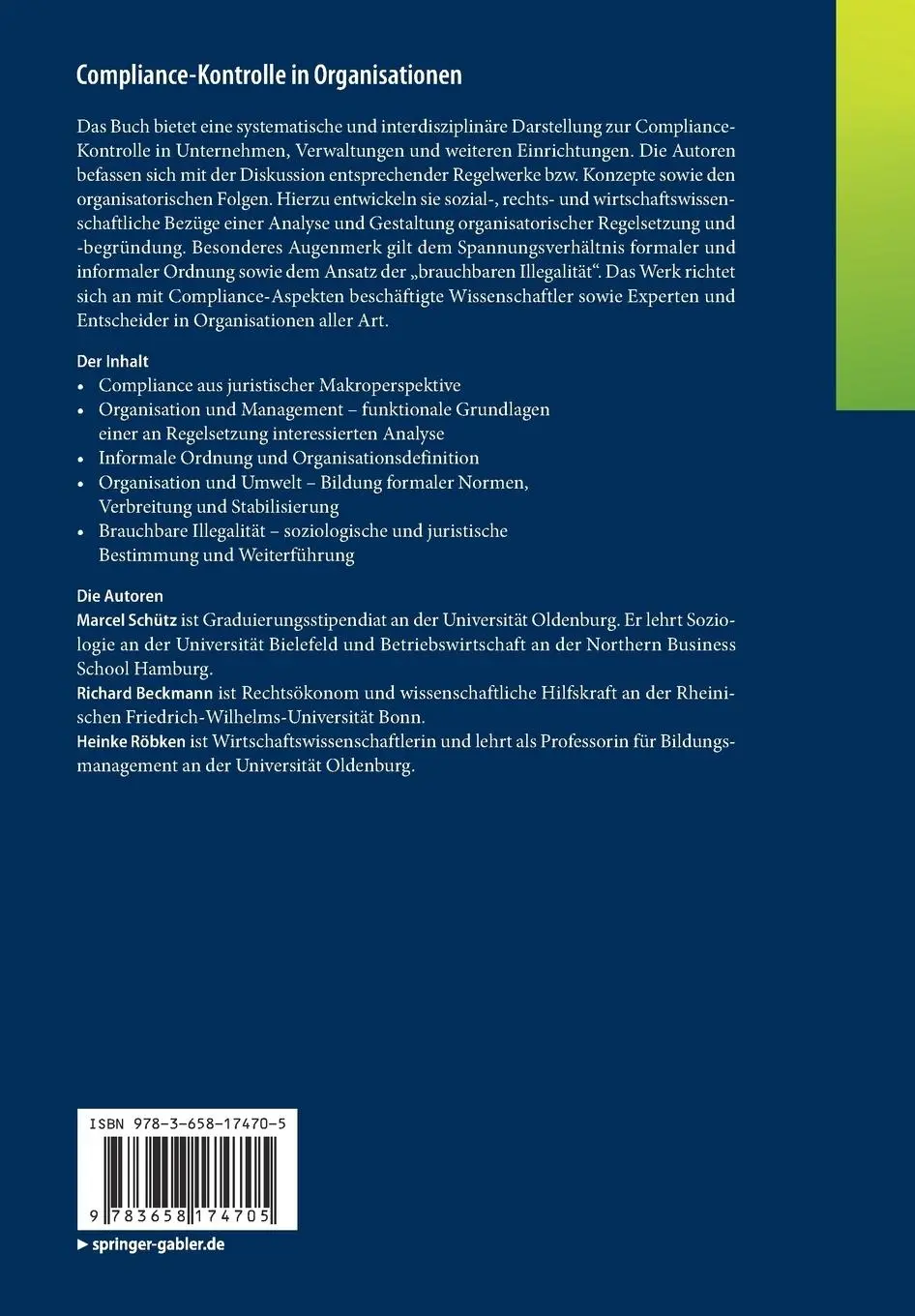 Rückseite: 9783658174705 | Compliance-Kontrolle in Organisationen | Marcel Schütz (u. a.) | Buch