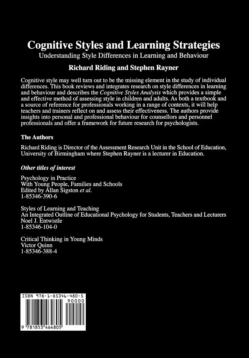 Rückseite: 9781853464805 | Cognitive Styles and Learning Strategies | Richard Riding (u. a.)