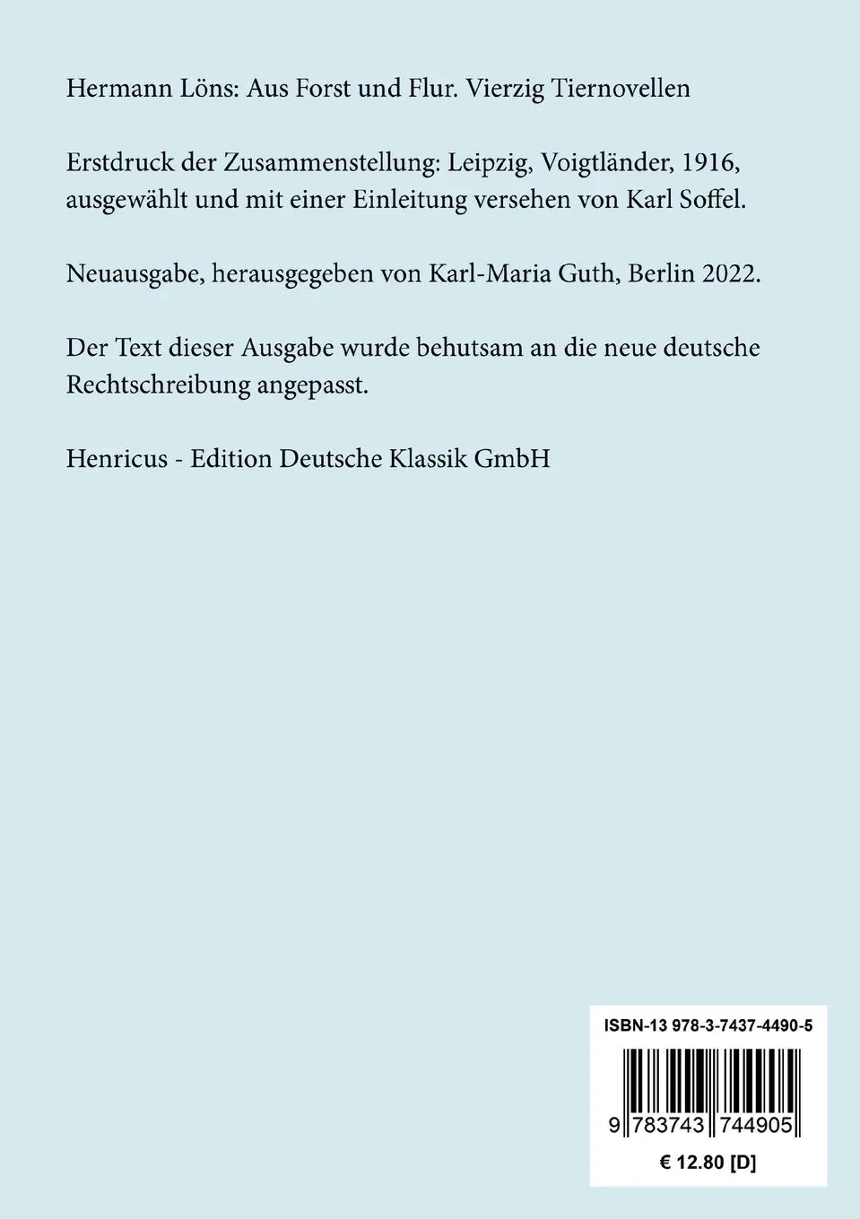Rückseite: 9783743744905 | Aus Forst und Flur | Vierzig Tiernovellen | Hermann Löns | Taschenbuch