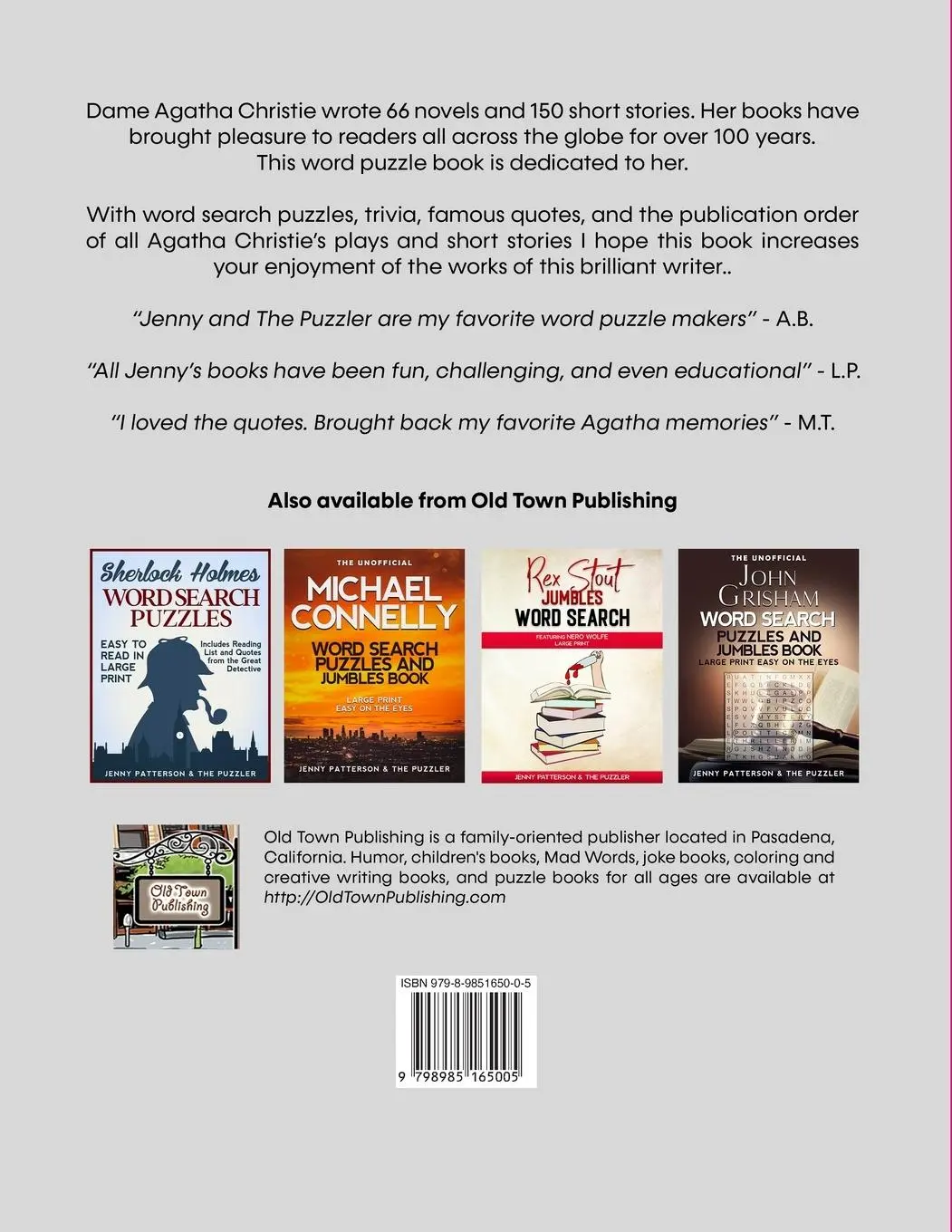 Rückseite: 9798985165005 | AGATHA CHRISTIE WORD SEARCH PUZZLES | EASY TO READ IN LARGE PRINT