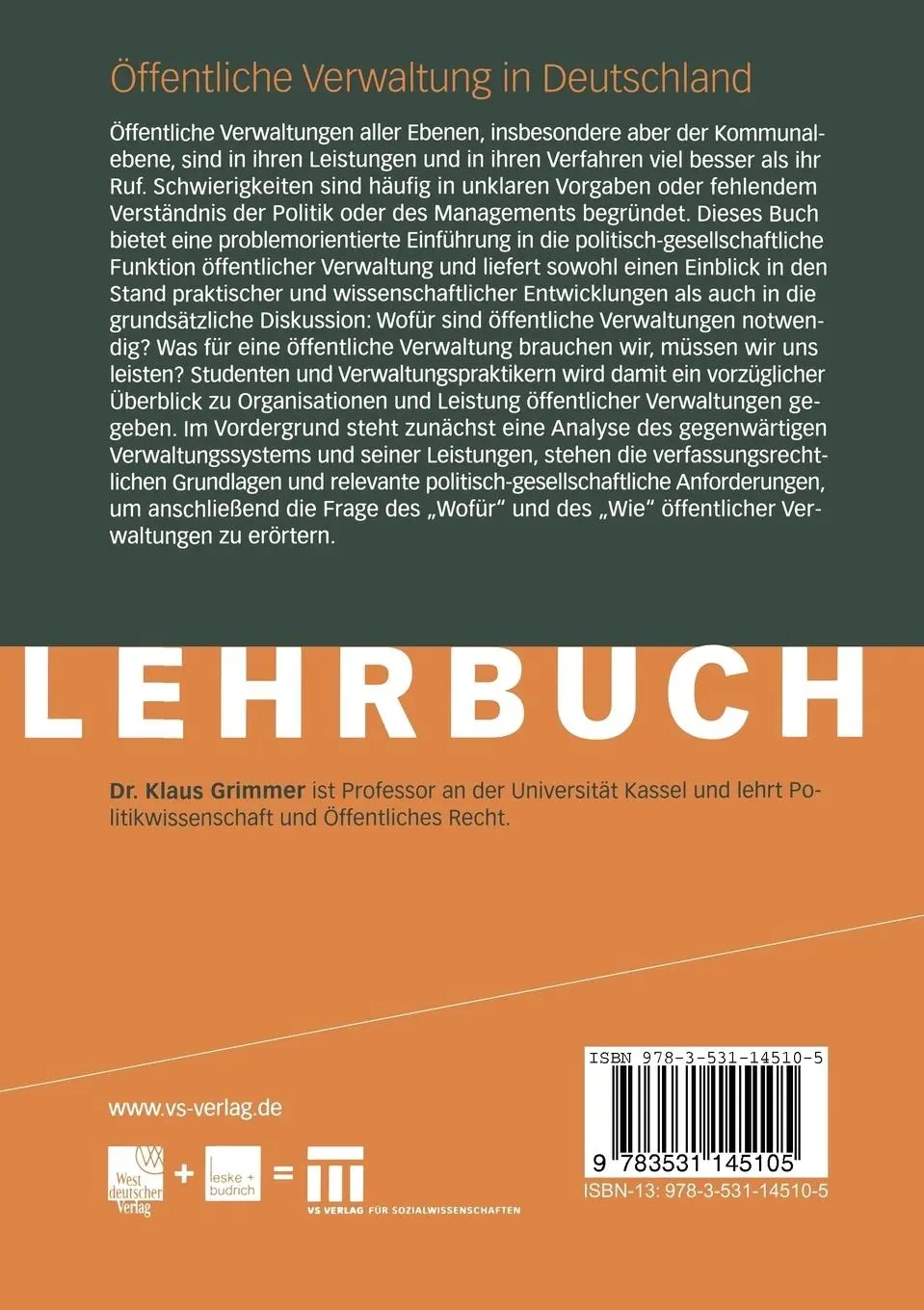 Rückseite: 9783531145105 | Öffentliche Verwaltung in Deutschland | Klaus Grimmer | Taschenbuch