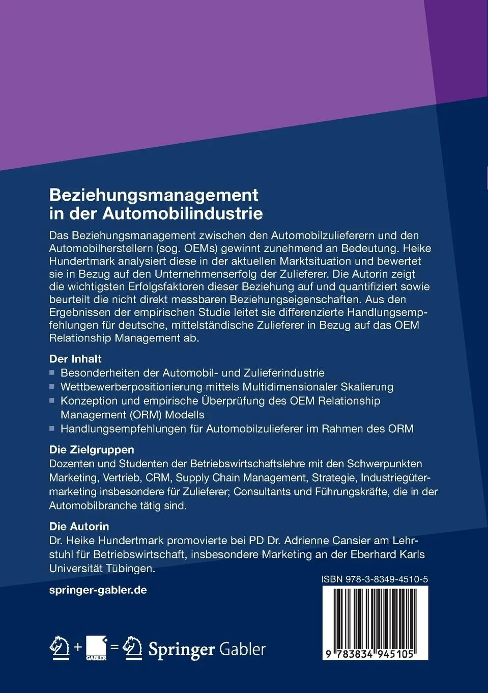 Rückseite: 9783834945105 | Beziehungsmanagement in der Automobilindustrie | Heike Hundertmark