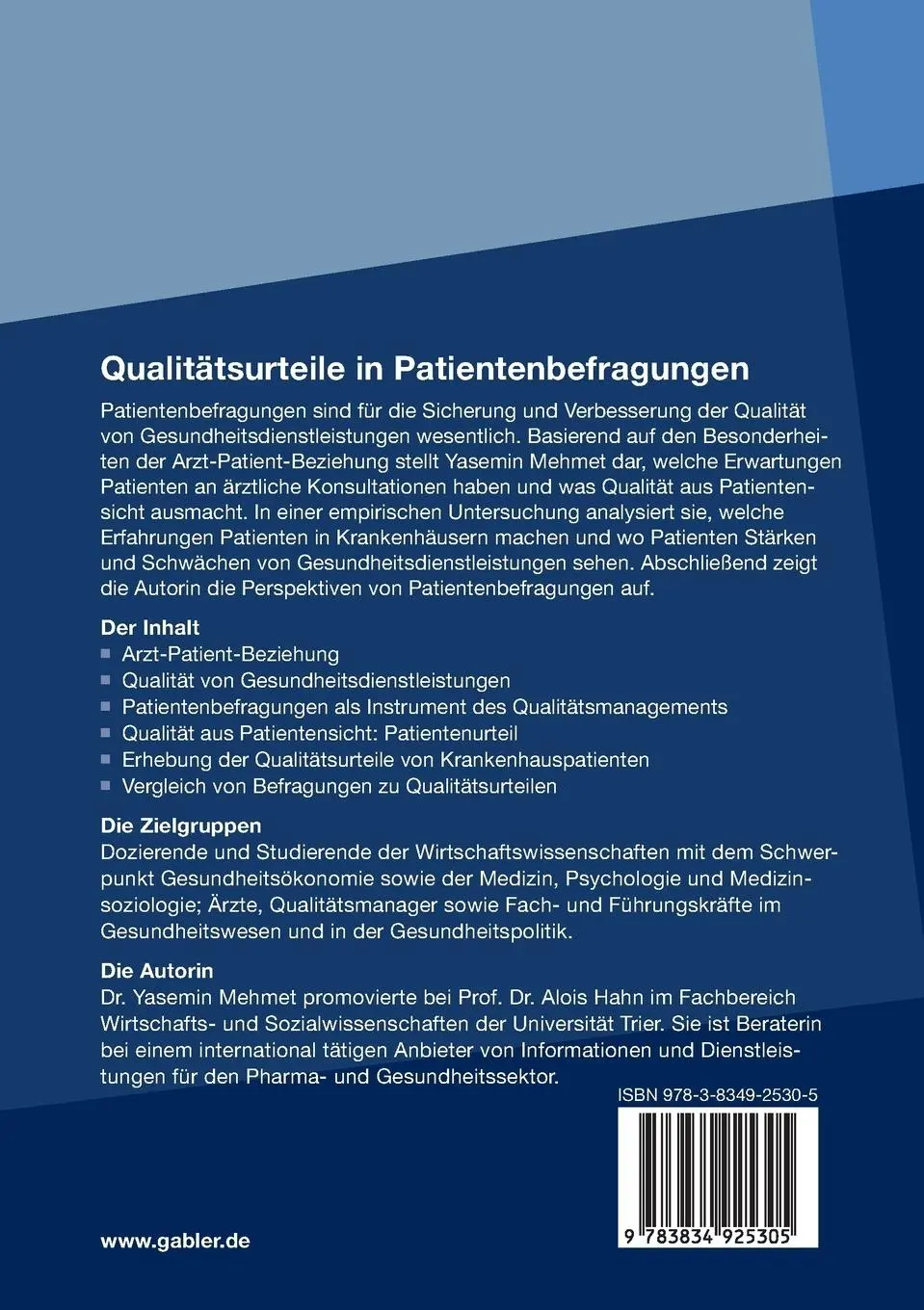 Rückseite: 9783834925305 | Qualitätsurteile in Patientenbefragungen | Yasemin Mehmet | Buch | xix