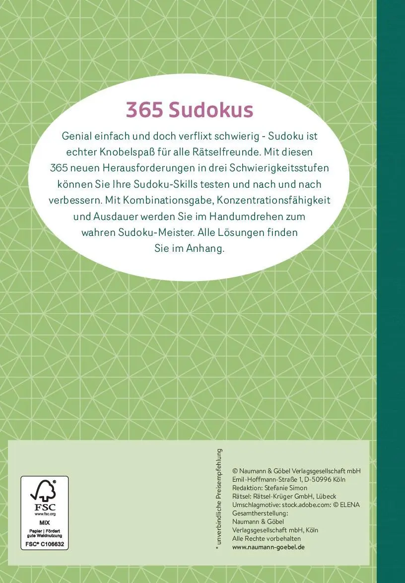 Rückseite: 9783625195405 | 365 Sudokus in 3 Schwierigkeitsstufen | Taschenbuch | 216 S. | Deutsch