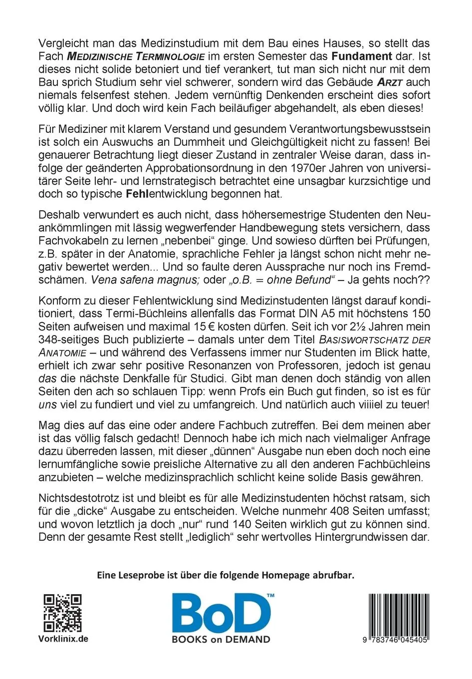 Rückseite: 9783746045405 | Medizinische Terminologie | Das Kompendium | Terminologix Vorklinix