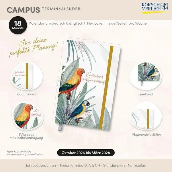 Bild: 9783819305405 | Terminkalender Campus Papagei 18 Monate 2027/2028 | Korsch Verlag