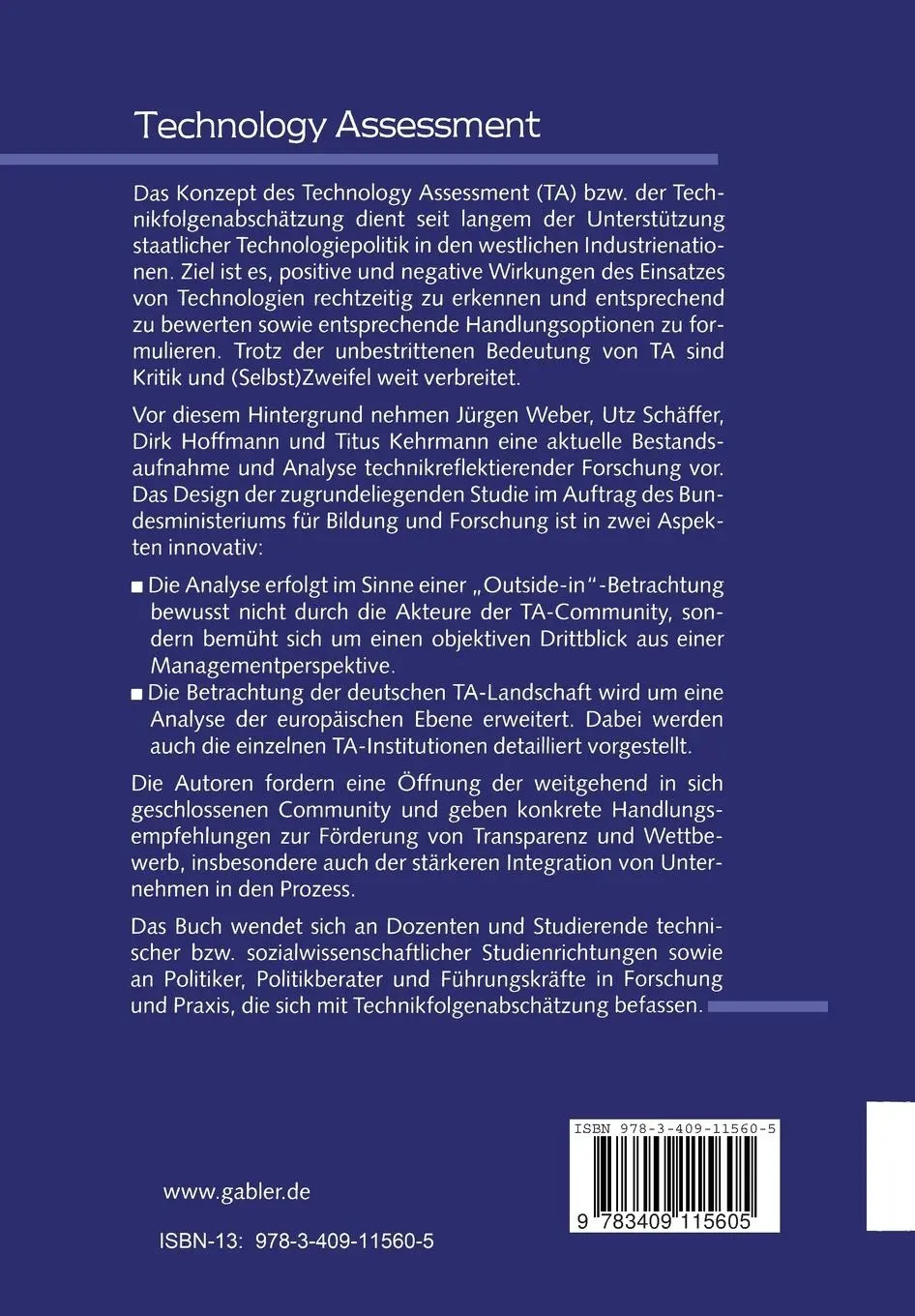 Rückseite: 9783409115605 | Technology Assessment | Jürgen Weber (u. a.) | Taschenbuch | x | 1999