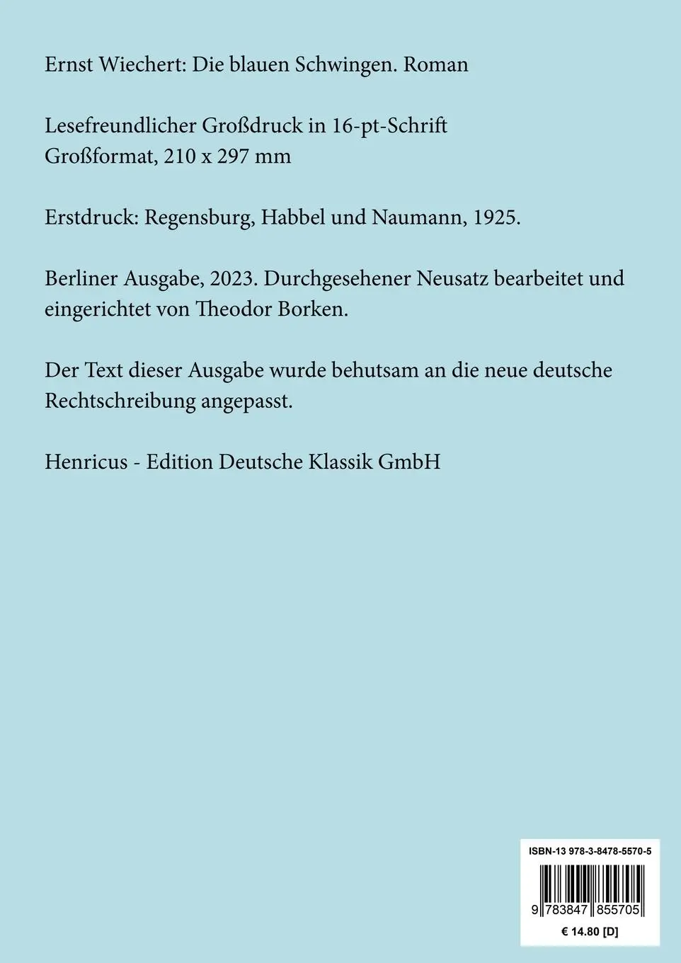 Rückseite: 9783847855705 | Die blauen Schwingen (Großdruck) | Roman | Ernst Wiechert | Buch