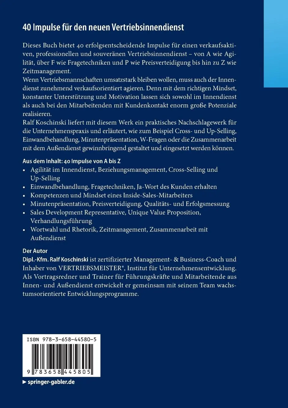 Rückseite: 9783658445805 | 40 Impulse für den neuen Vertriebsinnendienst | Ralf Koschinski | Buch