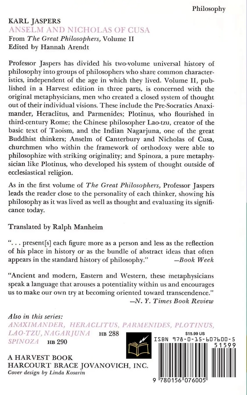 Rückseite: 9780156076005 | Anselm and Nicholas of Cusa | Karl Jaspers (u. a.) | Taschenbuch