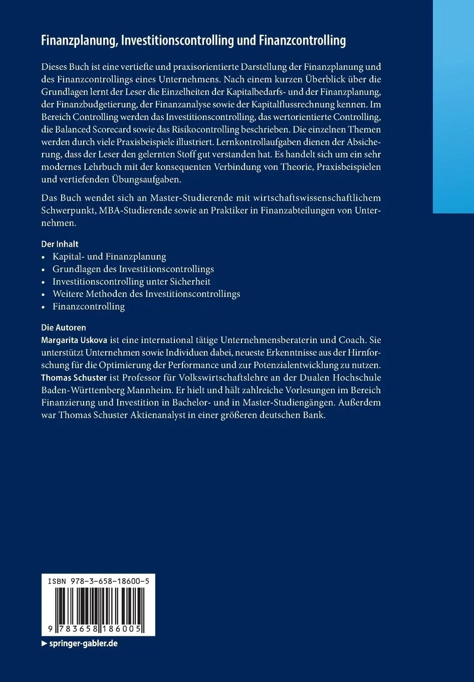 Rückseite: 9783658186005 | Finanzplanung, Investitionscontrolling und Finanzcontrolling | Buch