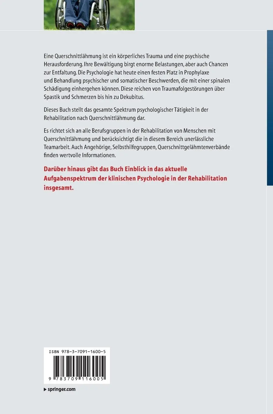 Rückseite: 9783709116005 | Klinische Psychologie bei Querschnittlähmung | Strubreither (u. a.)