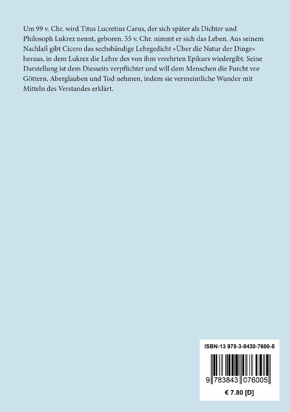 Rückseite: 9783843076005 | Über die Natur der Dinge | Lukrez | Taschenbuch | Paperback | 232 S.