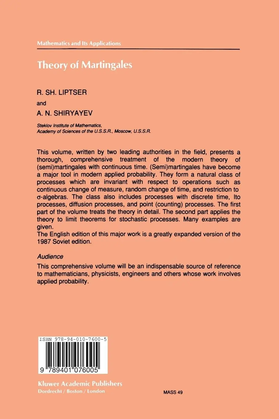 Rückseite: 9789401076005 | Theory of Martingales | A. N. Shiryayev (u. a.) | Taschenbuch | xiv