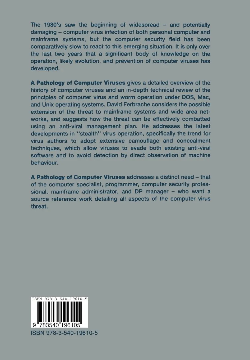 Rückseite: 9783540196105 | A Pathology of Computer Viruses | David Ferbrache | Taschenbuch | xiv