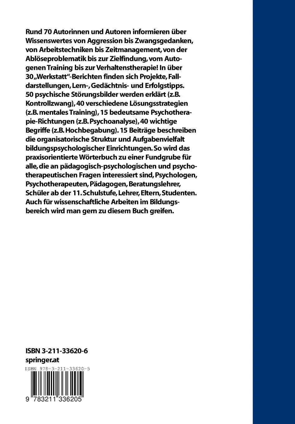 Rückseite: 9783211336205 | Psychologie und Psychotherapie für Schule und Studium | Franz Sedlak