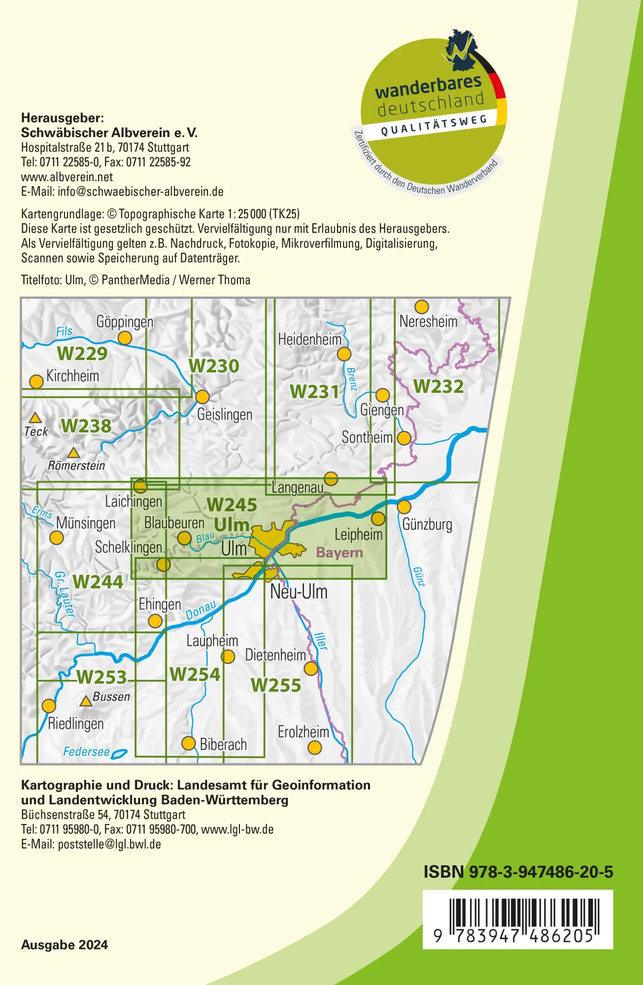 Rückseite: 9783947486205 | W245 Ulm - Blaubeuren, Schelklingen | Wanderkarte 1:25.000 | V. | 2 S.