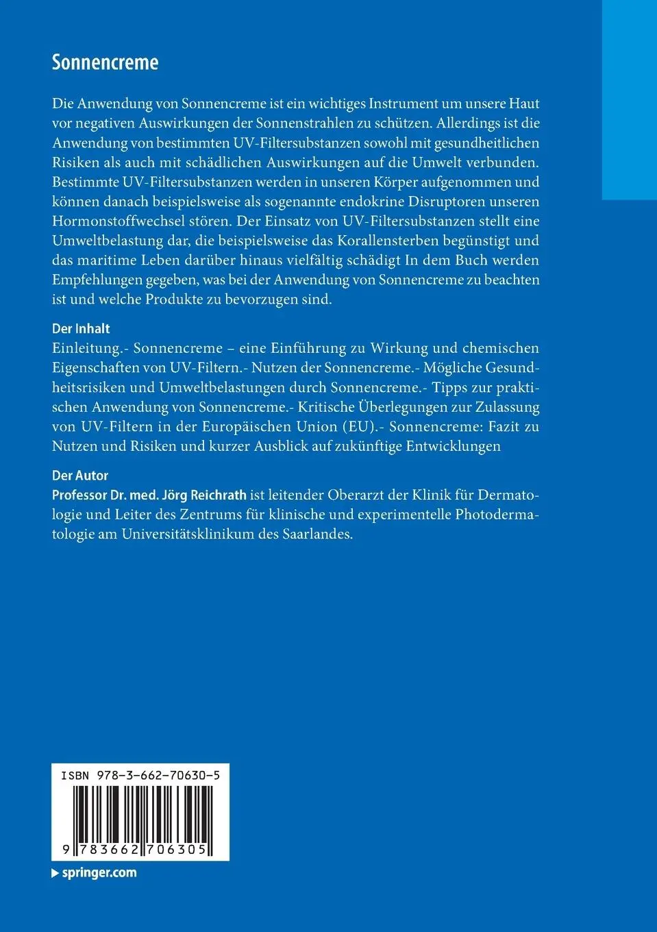 Rückseite: 9783662706305 | Sonnencreme | Pro und Contra | Jörg Reichrath | Taschenbuch | xv