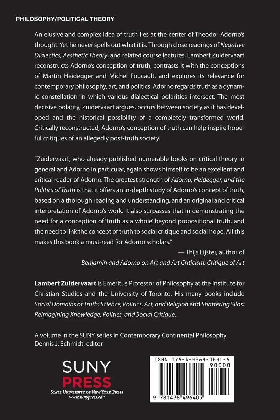 Rückseite: 9781438496405 | Adorno, Heidegger, and the Politics of Truth | Lambert Zuidervaart