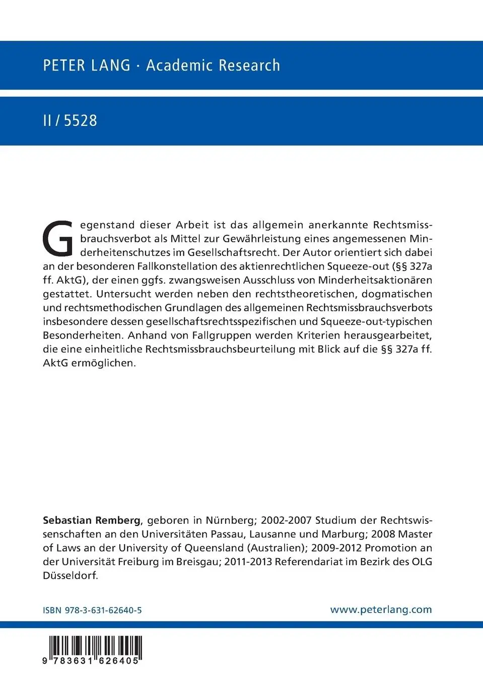 Rückseite: 9783631626405 | Das Rechtsmissbrauchsverbot als Minderheitenschutz im...