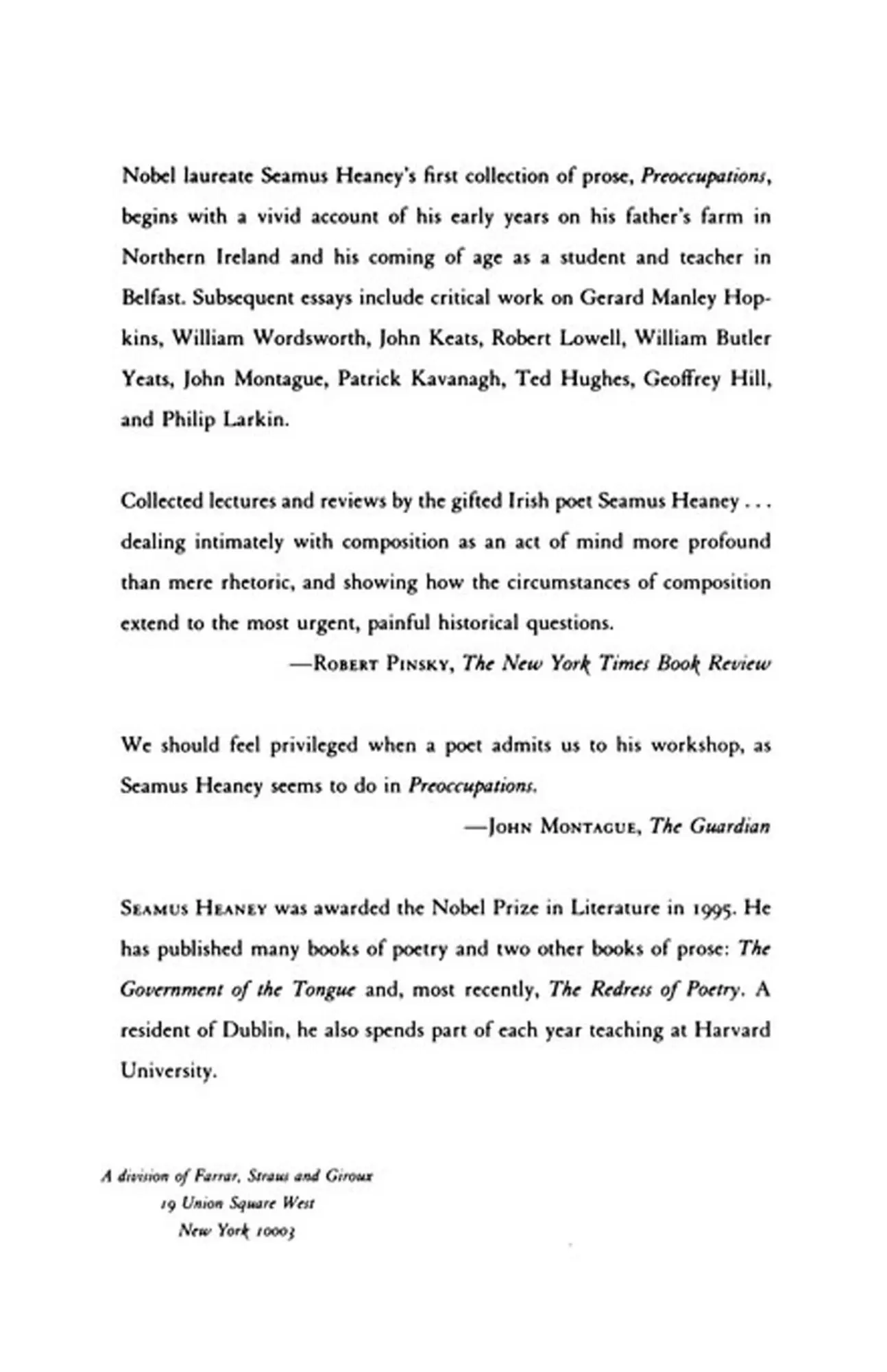 Rückseite: 9780374516505 | Preoccupations | Selected Prose, 1968-1978 | Seamus Heaney | Buch
