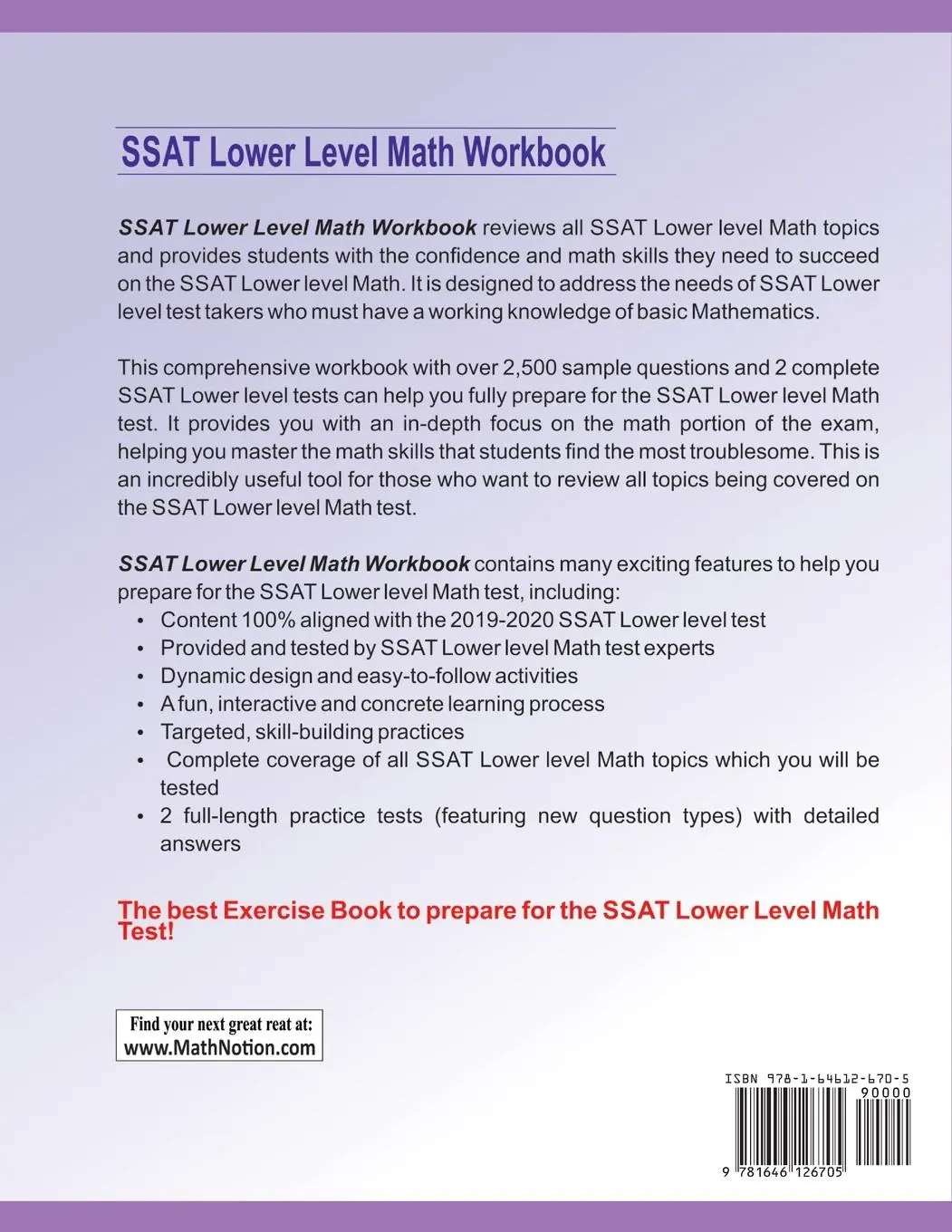 Rückseite: 9781646126705 | SSAT Lower Level Math Workbook | Michael Smith (u. a.) | Taschenbuch