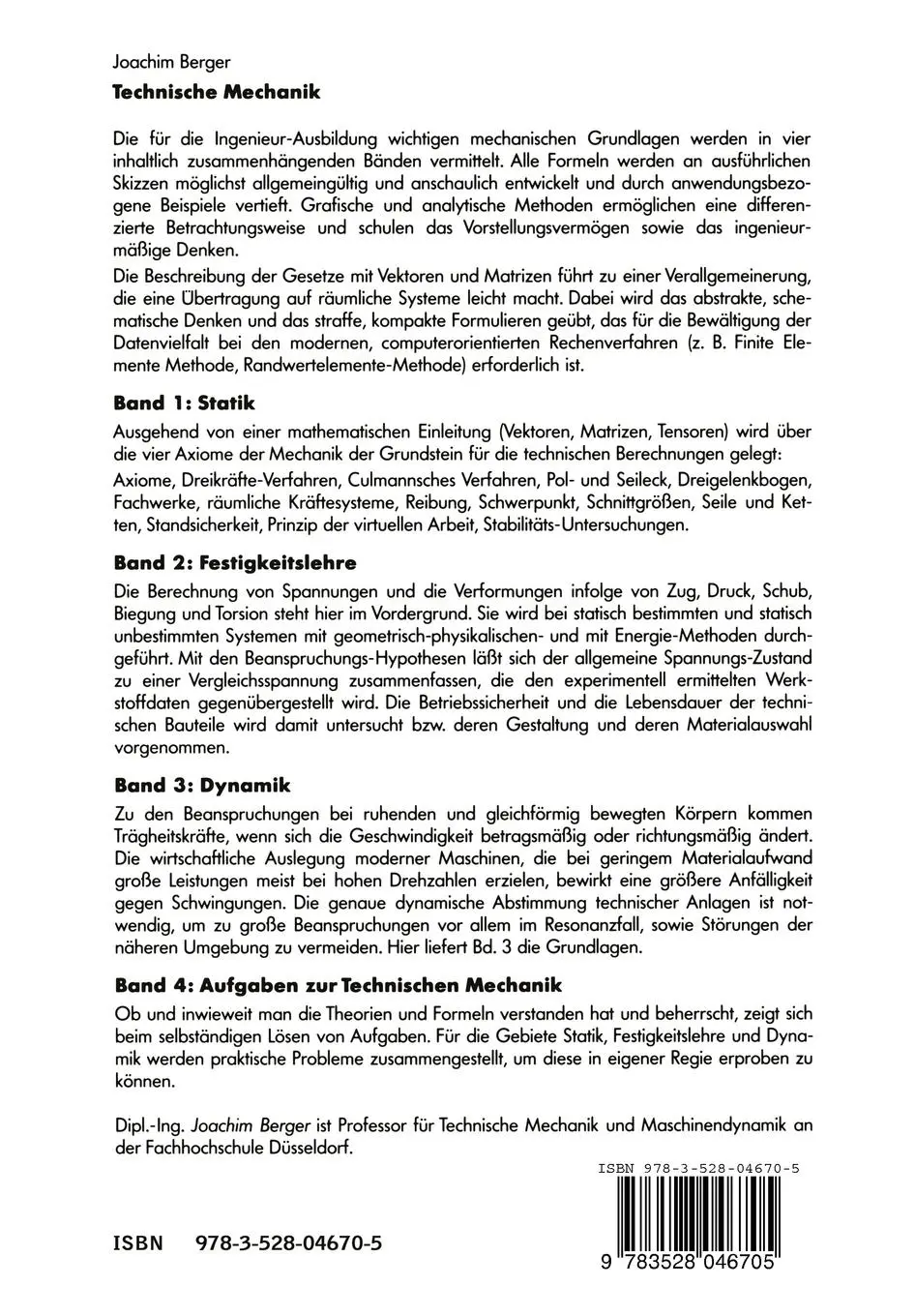 Rückseite: 9783528046705 | Technische Mechanik für Ingenieure | Band 1: Statik | Joachim Berger