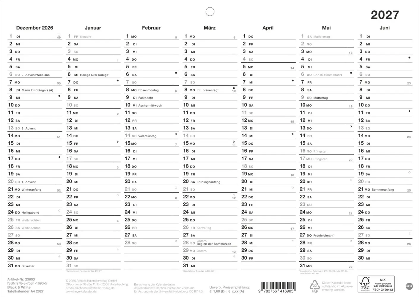 Cover: 9783756416905 | Black&amp;White Tafelkalender A4 2027 | Kalender | Loseblatt-Ausgabe