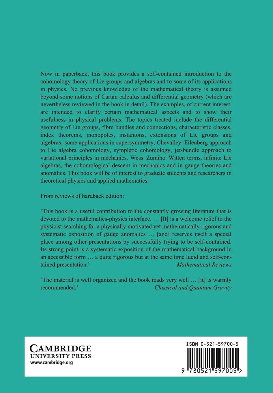 Rückseite: 9780521597005 | Lie Groups, Lie Algebras, Cohomology and Some Applications in Physics