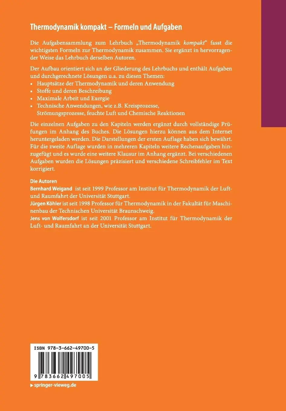 Rückseite: 9783662497005 | Thermodynamik kompakt - Formeln und Aufgaben | Weigand (u. a.) | Buch