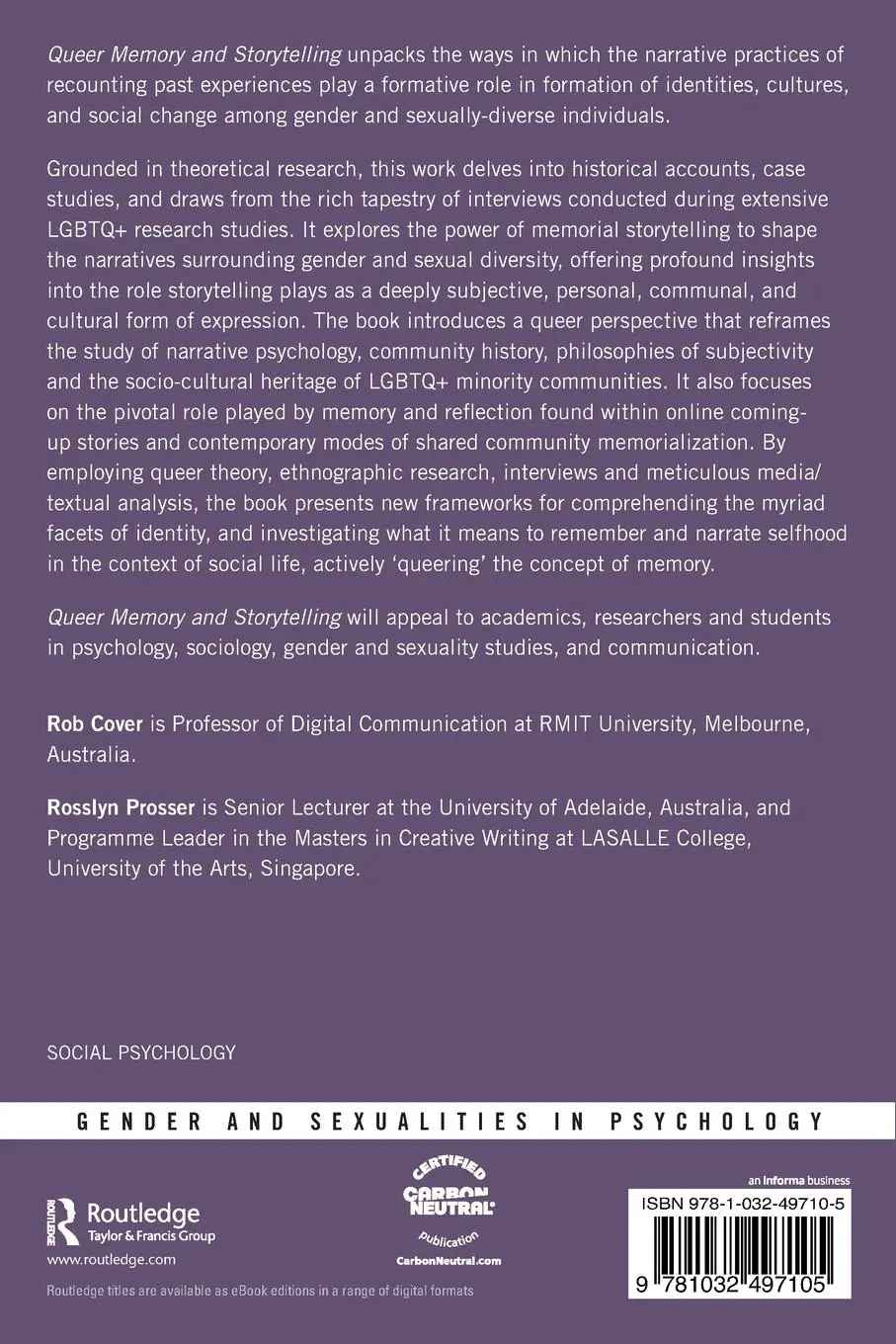 Rückseite: 9781032497105 | Queer Memory and Storytelling | Rob Cover (u. a.) | Taschenbuch | 2024