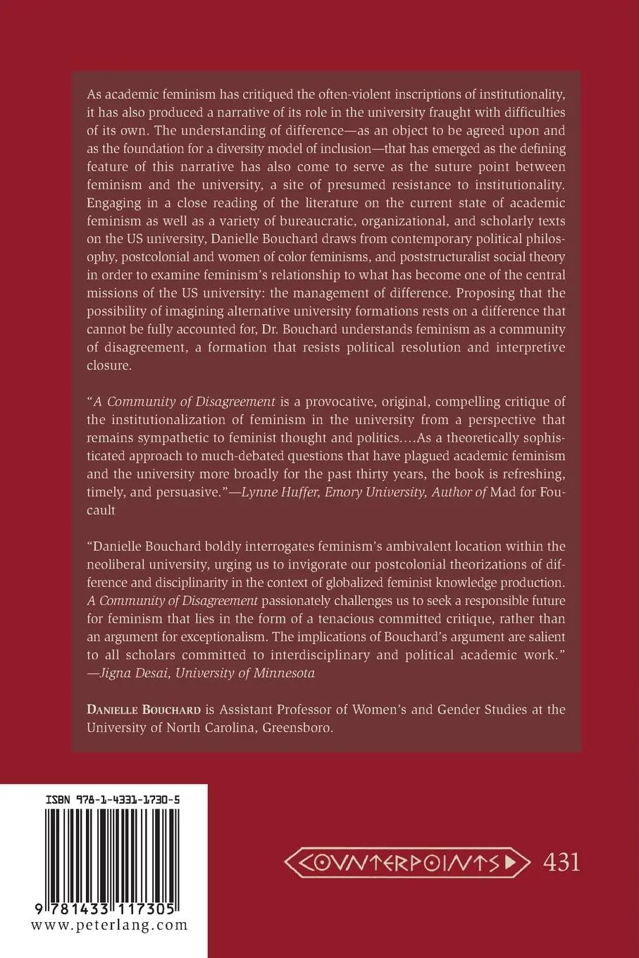 Rückseite: 9781433117305 | A Community of Disagreement | Feminism in the University | Bouchard