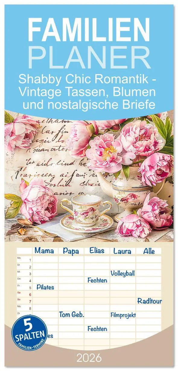 Cover: 9783516607505 | Familienplaner 2026 - Shabby Chic Romantik - Vintage Tassen, Blumen...