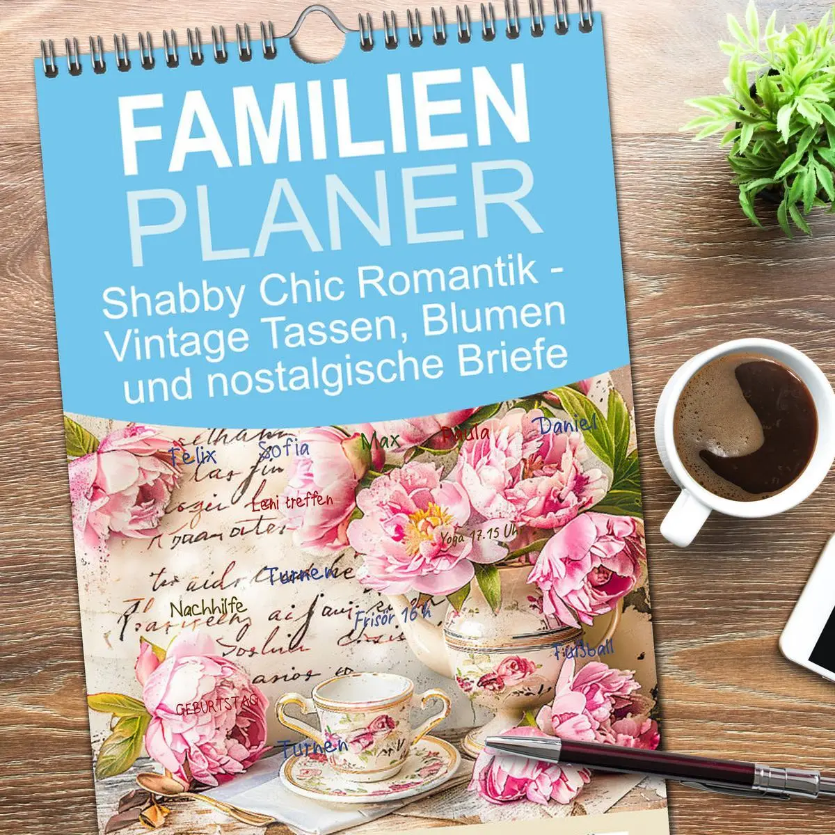 Bild: 9783516607505 | Familienplaner 2026 - Shabby Chic Romantik - Vintage Tassen, Blumen...