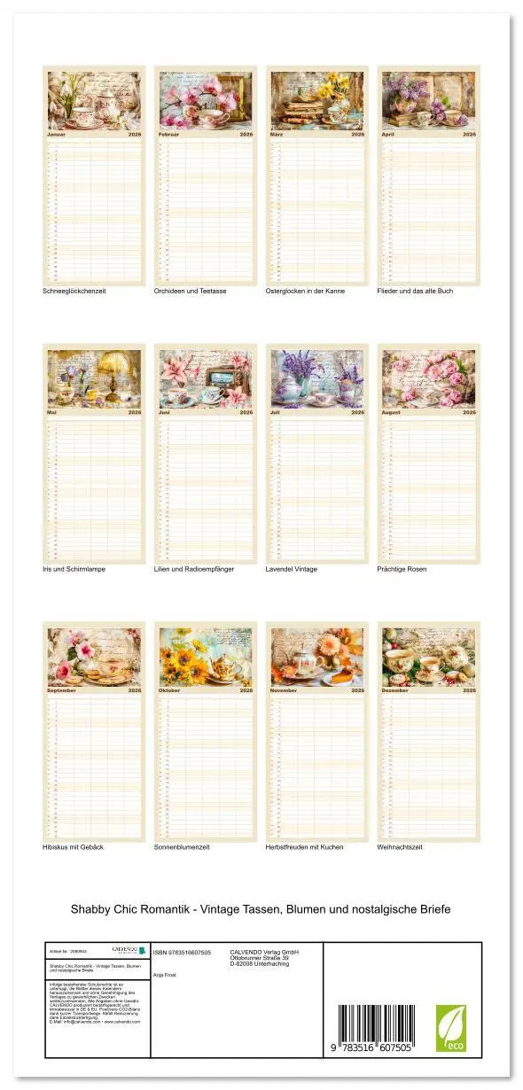 Bild: 9783516607505 | Familienplaner 2026 - Shabby Chic Romantik - Vintage Tassen, Blumen...