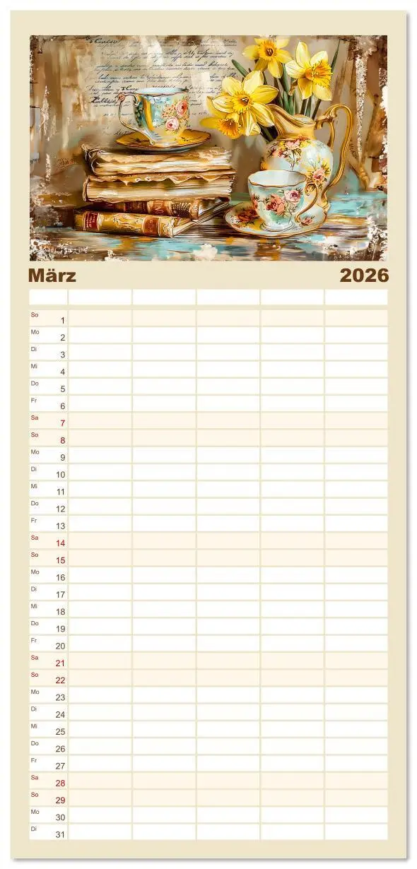 Bild: 9783516607505 | Familienplaner 2026 - Shabby Chic Romantik - Vintage Tassen, Blumen...