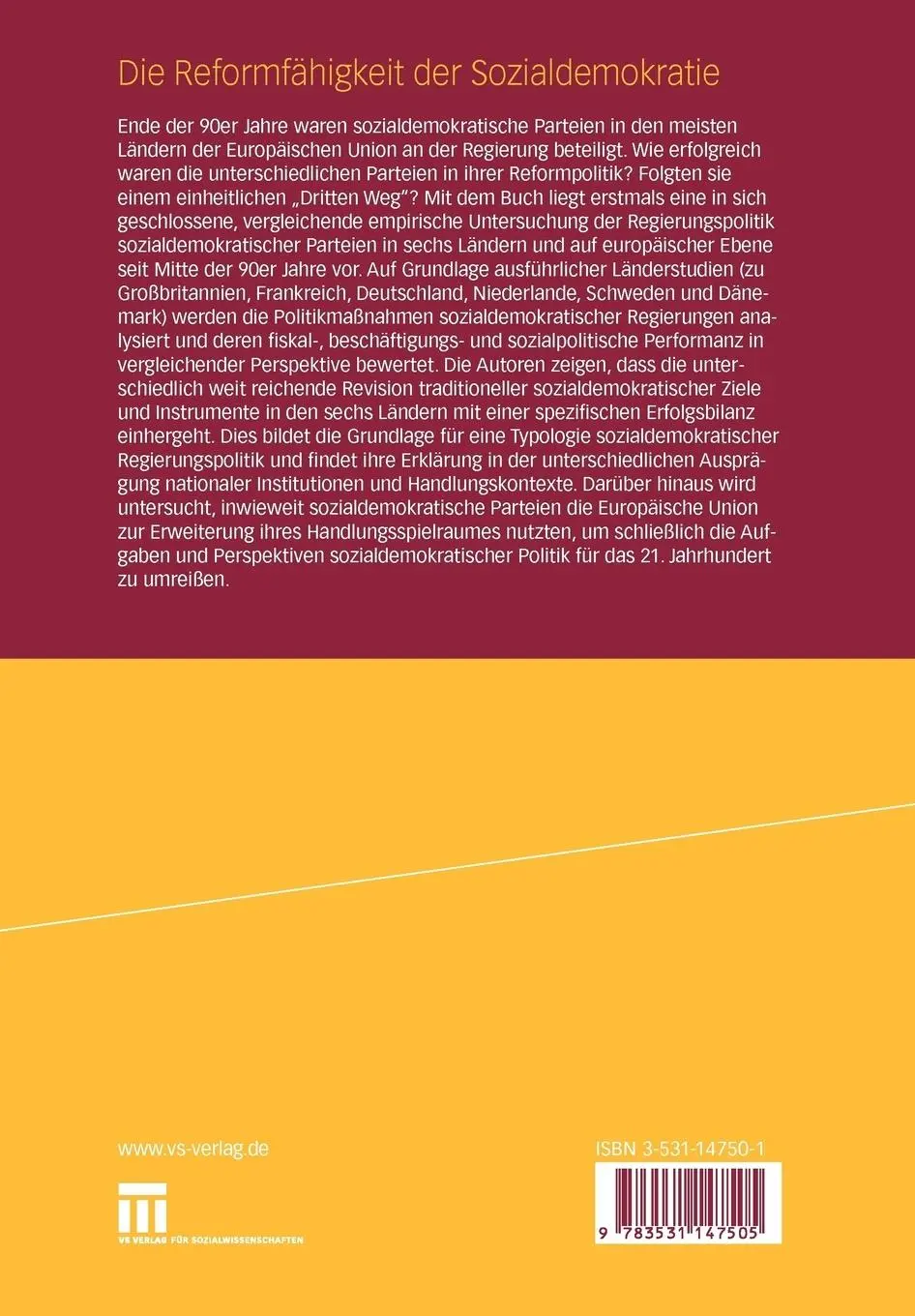 Rückseite: 9783531147505 | Die Reformfähigkeit der Sozialdemokratie | Wolfgang Merkel (u. a.)