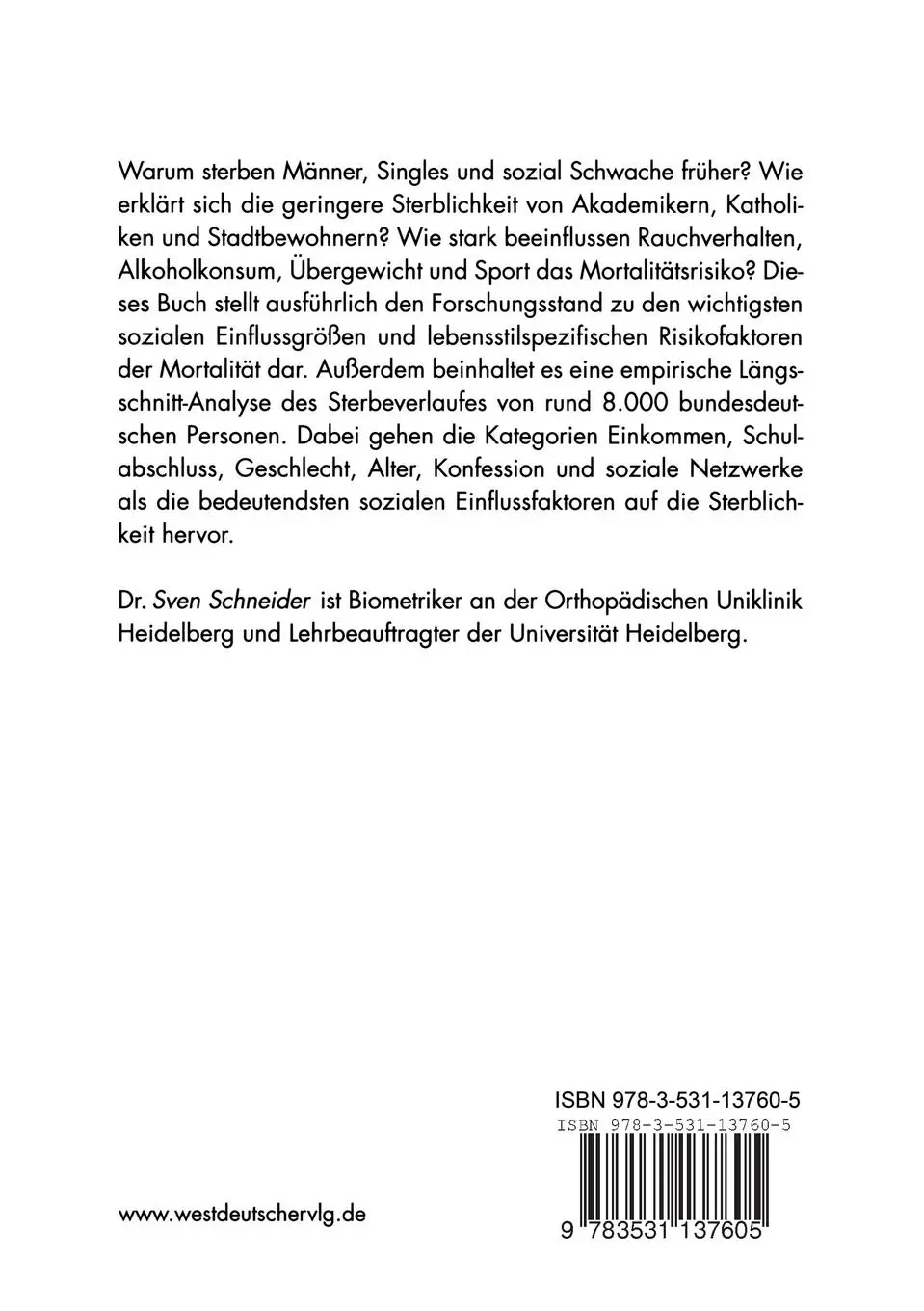 Rückseite: 9783531137605 | Lebensstil und Mortalität | Welche Faktoren bedingen ein langes Leben?