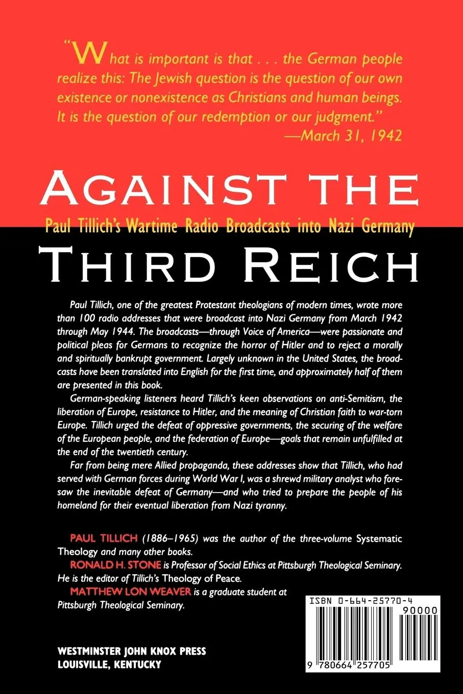 Rückseite: 9780664257705 | Against the Third Reich | Paul Tillich | Taschenbuch | Englisch | 1998