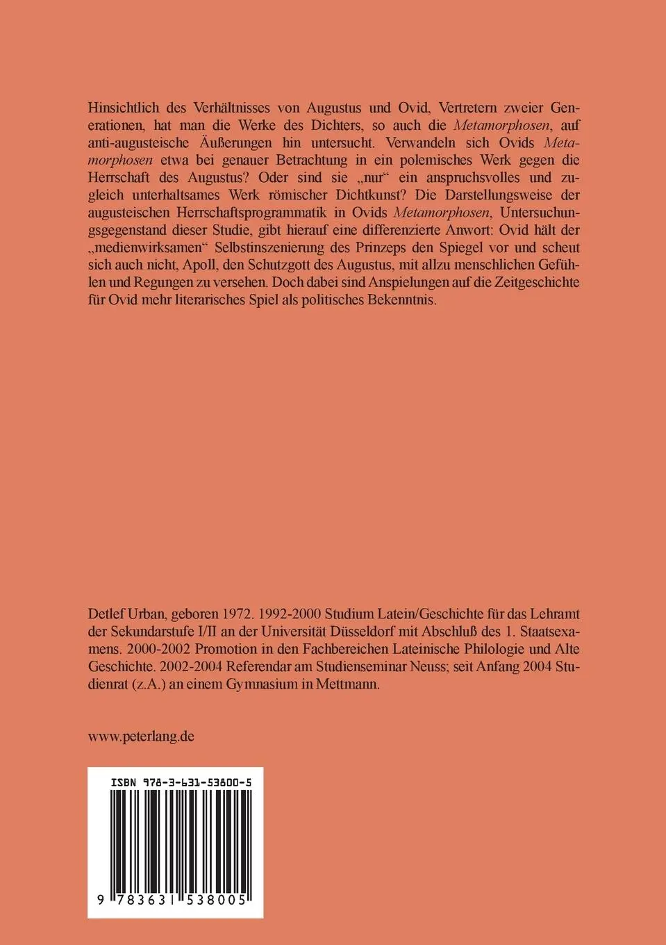 Rückseite: 9783631538005 | Die augusteische Herrschaftsprogrammatik in Ovids 'Metamorphosen'