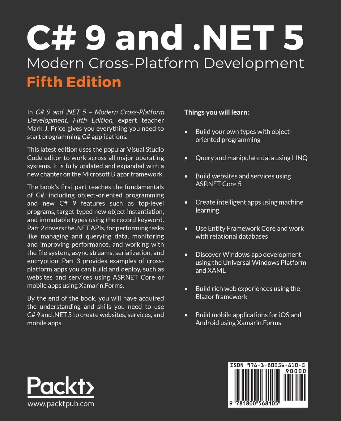 Rückseite: 9781800568105 | C# 9 and .NET 5 - Modern Cross-Platform Development - Fifth Edition