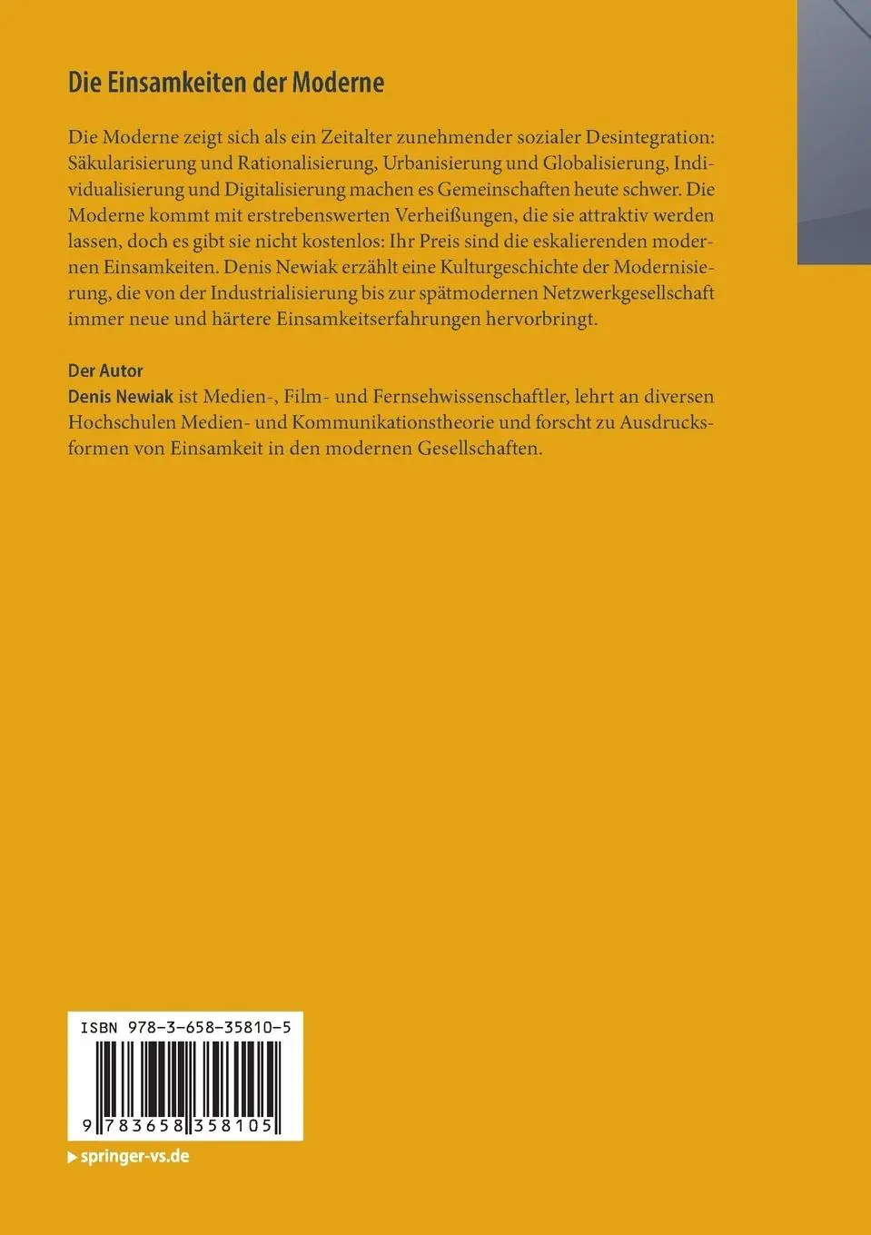 Rückseite: 9783658358105 | Die Einsamkeiten der Moderne | Denis Newiak | Taschenbuch | xxxii