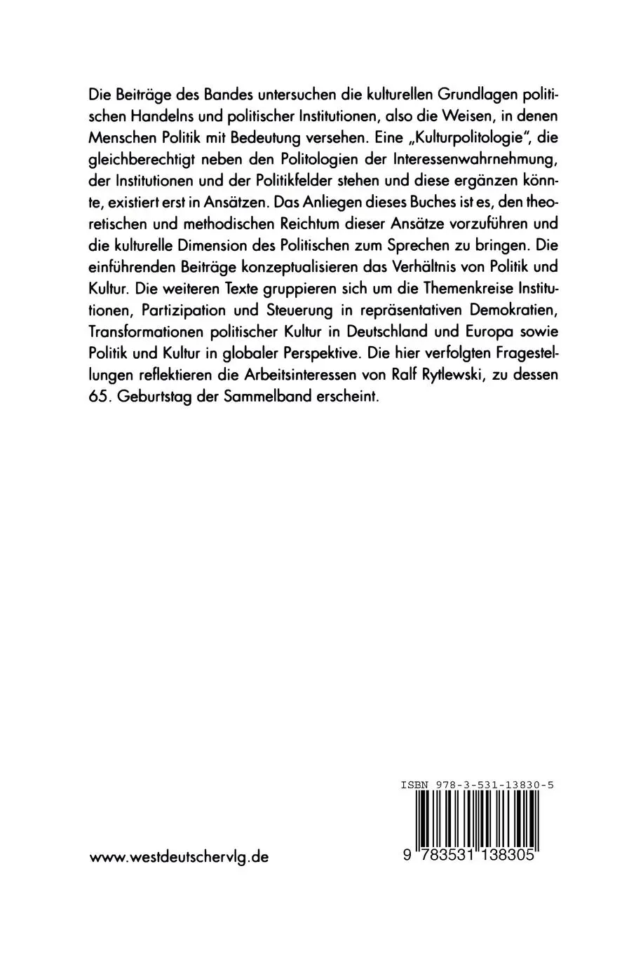 Rückseite: 9783531138305 | Politik und Bedeutung | Werner Rossade (u. a.) | Taschenbuch | 322 S.