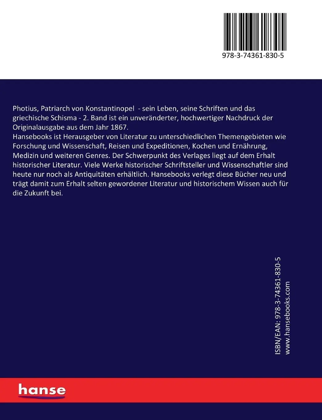 Rückseite: 9783743618305 | Photius, Patriarch von Konstantinopel | Joseph Hergenröther | Buch