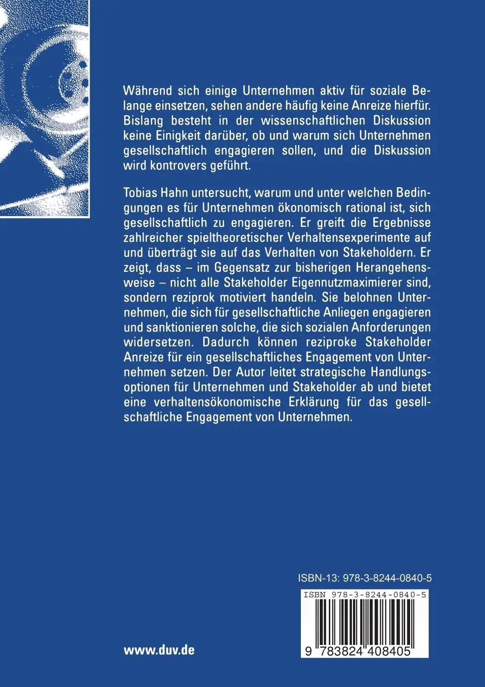 Rückseite: 9783824408405 | Gesellschaftliches Engagement von Unternehmen | Tobias Hahn | Buch