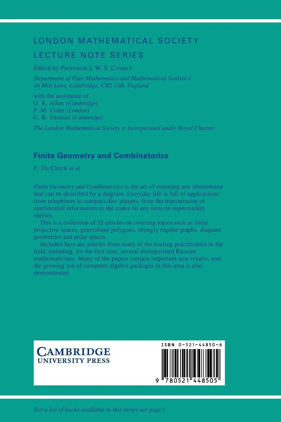 Rückseite: 9780521448505 | Finite Geometry and Combinatorics | F. De Clerck (u. a.) | Taschenbuch