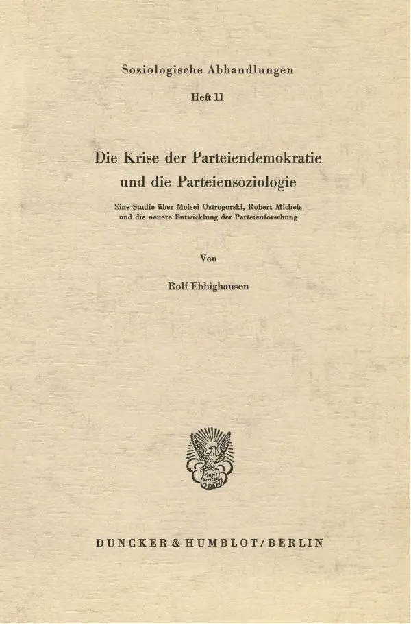 Cover: 9783428018505 | Die Krise der Parteiendemokratie und die Parteiensoziologie. | Buch