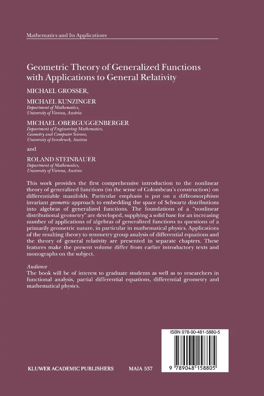 Rückseite: 9789048158805 | Geometric Theory of Generalized Functions with Applications to...